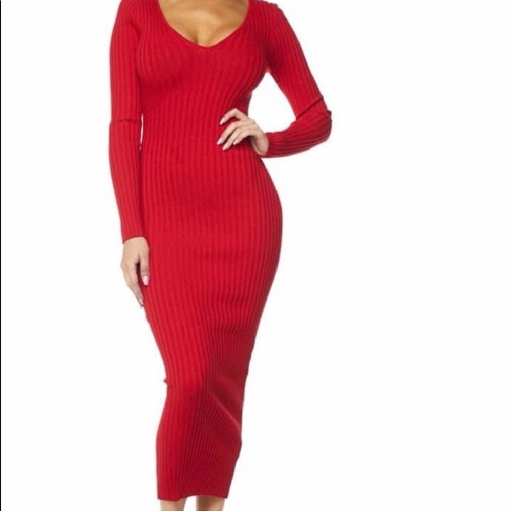 HERA Collection Rib Knit Maxi‎ Dress V-Neck Long Sleeve Bodycon, Size M, Red